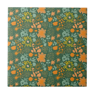Floral pattern on a dark green background tile