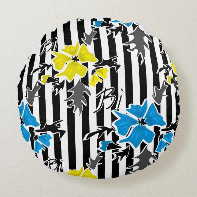 Floral pattern on black striped background round pillow (Front)