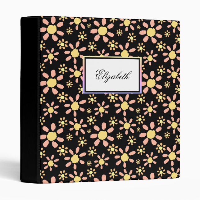 Floral Pattern on Black Trendy Stylish Binder (Front/Spine)