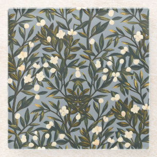 Floral pattern on  dusty blue-gray background glass coaster