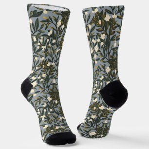 Floral pattern on  dusty blue-gray background socks