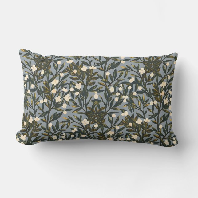 Floral pattern on  dusty blue-grey background lumbar pillow (Front)