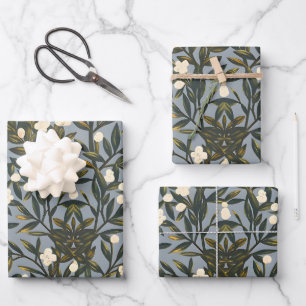 Floral pattern on  dusty blue-grey background wrapping paper sheet