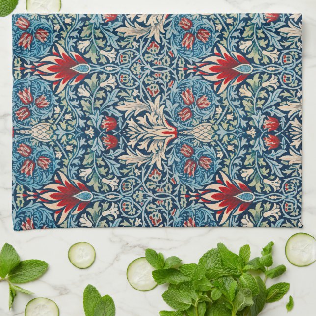 Floral pattern on green leaves blue background kitchen towel (Folded)