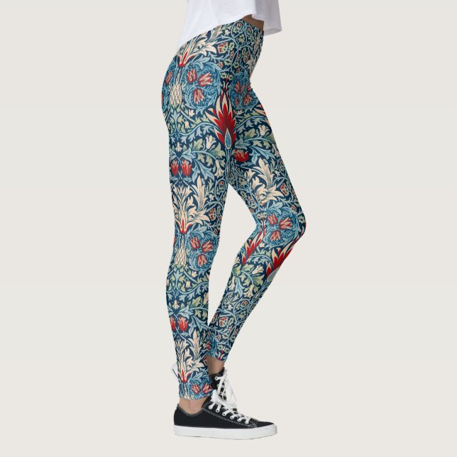 Floral pattern on green leaves blue background leggings (Right)