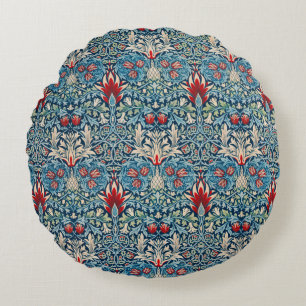Floral pattern on green leaves blue background round pillow