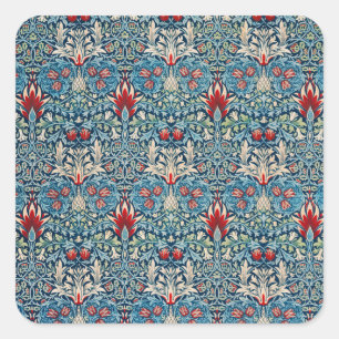 Floral pattern on green leaves blue background square sticker