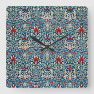 Floral pattern on green leaves blue background square wall clock