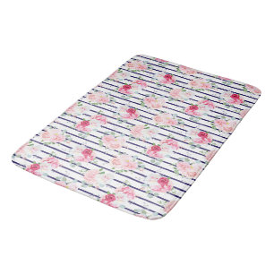 Floral Pattern on Horizontal Stripe Roses Peony Bath Mat