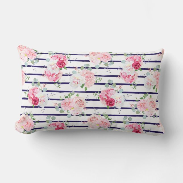 Floral Pattern on Horizontal Stripe Roses Peony    Lumbar Pillow (Front)