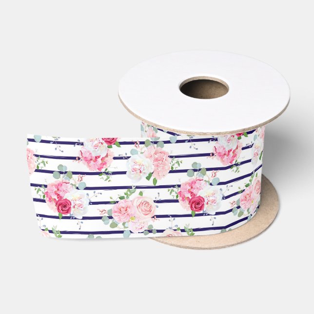 Floral Pattern on Horizontal Stripe Roses Peony    Satin Ribbon (Spool)