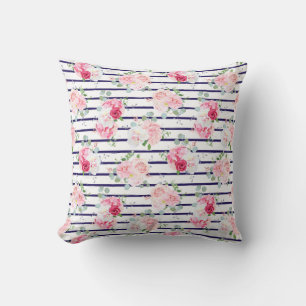 Floral Pattern on Horizontal Stripe Roses Peony   Throw Pillow