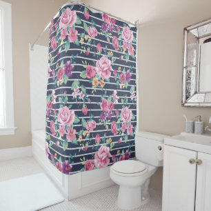 Floral Pattern on Stripe Roses Foliage Pink Purple