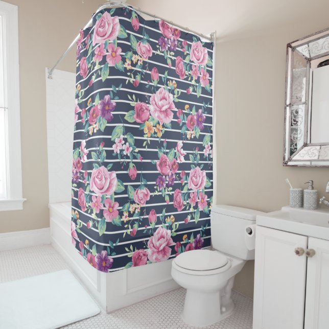Floral Pattern on Stripe Roses Foliage Pink Purple (In Situ)