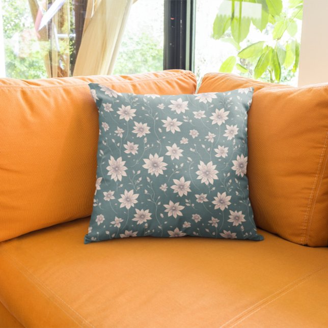 Floral Pattern on Teal Background Throw Pillow (Creator Uploaded)