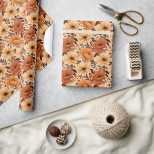 Floral Pattern Orange Cream Wrapping Paper Roll