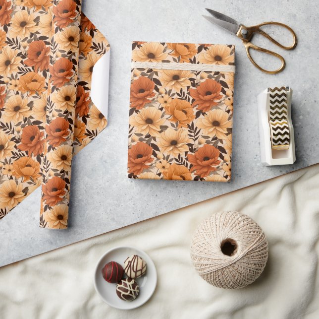 Floral Pattern Orange Cream Wrapping Paper Roll (Crafts)