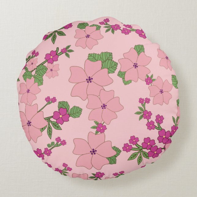 Floral pattern, pastel violet and pink, round pillow (Back)