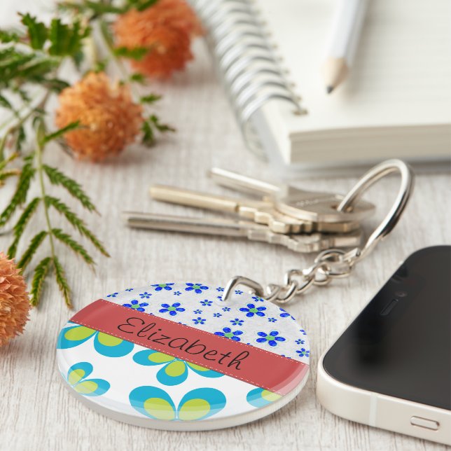 Floral Pattern, Pattern Of Flowers, Your Name Keychain (Front Right)