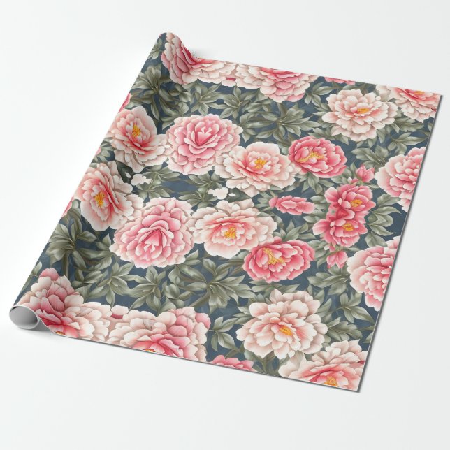 Floral Pattern Peony Flowers Wrapping Paper (Unrolled)