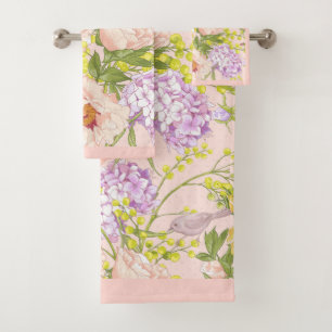 Floral Pattern Peony Mimosa Hydrangea Roses Birds  Bath Towel Set