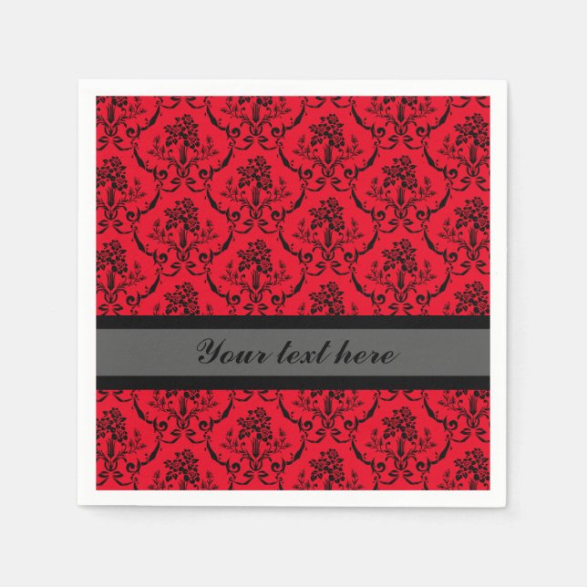 Floral Pattern (personalize) Red and Black Napkin (Front)
