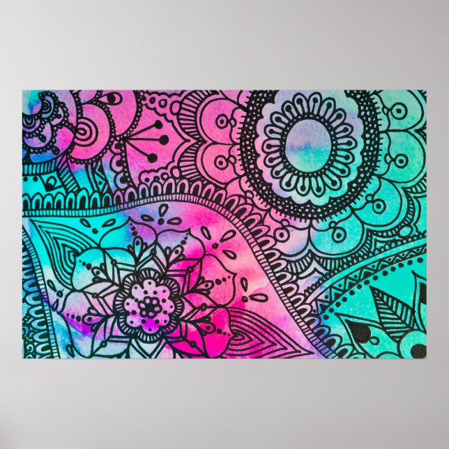 Floral Pattern Pink and Aqua Poster (Front)
