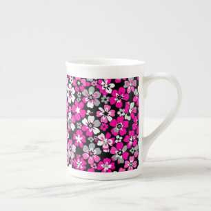 Floral Pattern Pink Grey White Black Bone China Mug