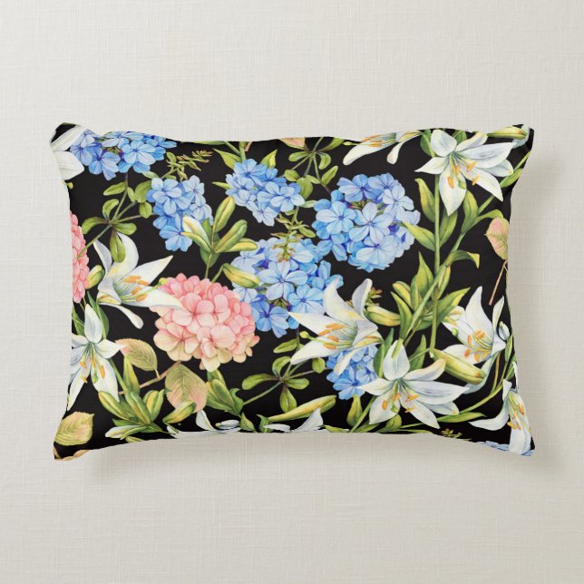 Floral Pattern Pink Hydrangea Blue Jasmine Foliage Accent Pillow (Front)