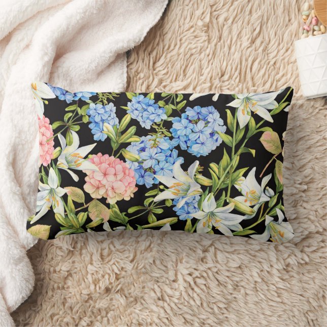 Floral Pattern Pink Hydrangea Blue Jasmine Foliage Lumbar Pillow (Blanket)