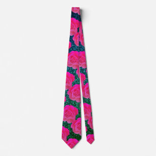 Floral Pattern Pink Rose Blue Green Glitter Gift Tie
