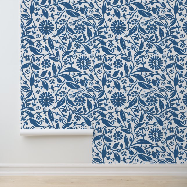Floral Pattern Pretty Blue White Antique Look Wallpaper (Application)