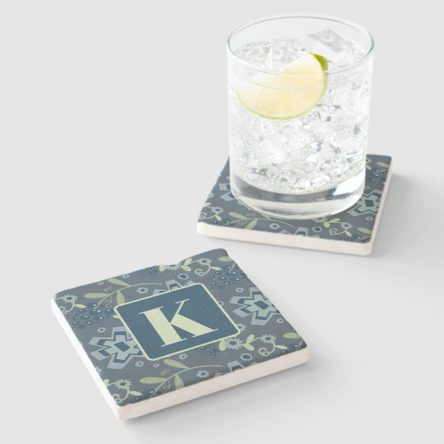 Floral Pattern Pretty Custom Initial  Stone Coaster (Side)