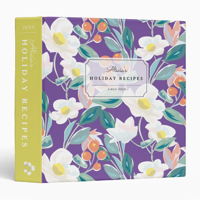 Floral Pattern Purple & Yellow Recipe Binder Book (Front/Spine)
