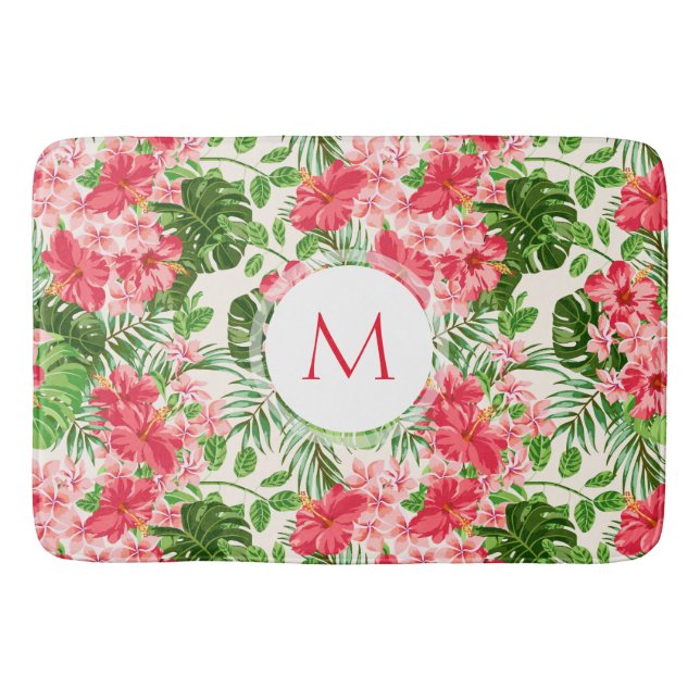 Floral Pattern Red Hibiscus Monogram Bath Mat (Front)