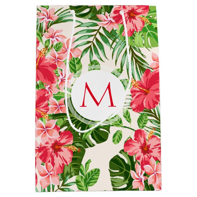 Floral Pattern Red Hibiscus Monogram M Gift Bag (Front)