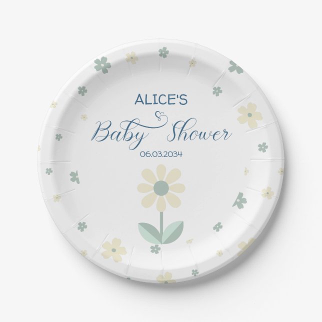 Floral Pattern Sage Green Boy Baby Shower Paper Plate (Front)