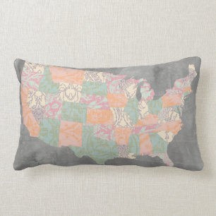 Floral Pattern States Map Lumbar Pillow