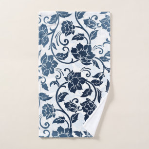 Floral Pattern Teal and Navy Blue Hand Towel