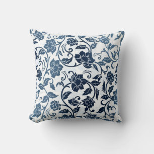 Floral Pattern Teal and Navy Blue Throw Pillow