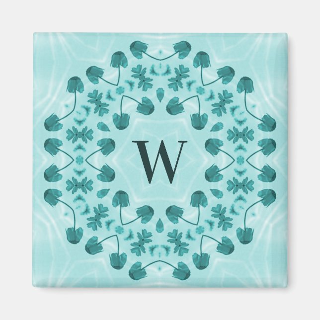 Floral Pattern, Teal Blue Initial Magnet (Front)