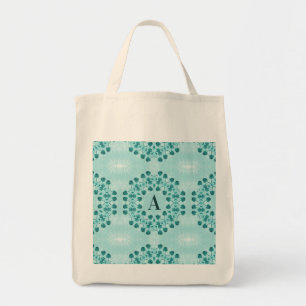 Floral Pattern, Teal Blue Initial Tote Bag