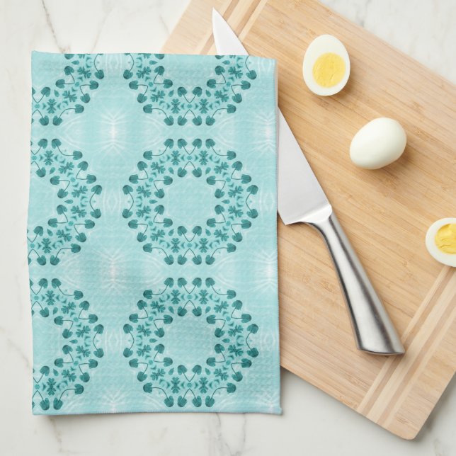 Floral Pattern, Teal Blue Kitchen Towel (Quarter Fold)
