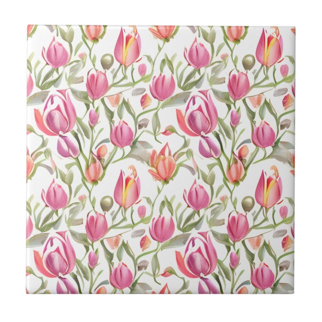 Floral Pattern Tulip Flowers Tile (Front)