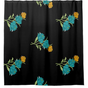 Floral Pattern Turquoise Coral Green on Black 