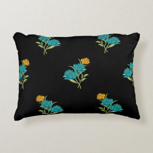 Floral Pattern Turquoise Coral Green on Black  Accent Pillow