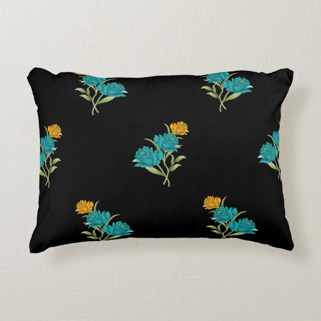 Floral Pattern Turquoise Coral Green on Black  Accent Pillow (Front)