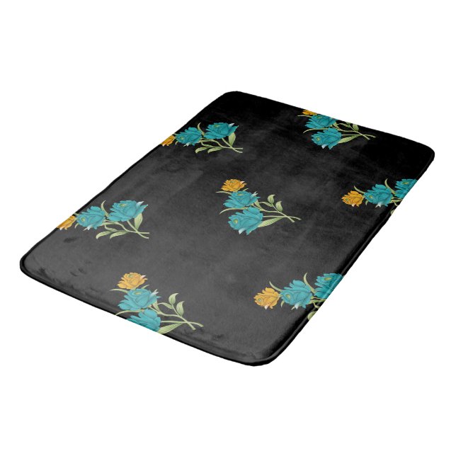 Floral Pattern Turquoise Coral Green on Black  Bath Mat (Angled)