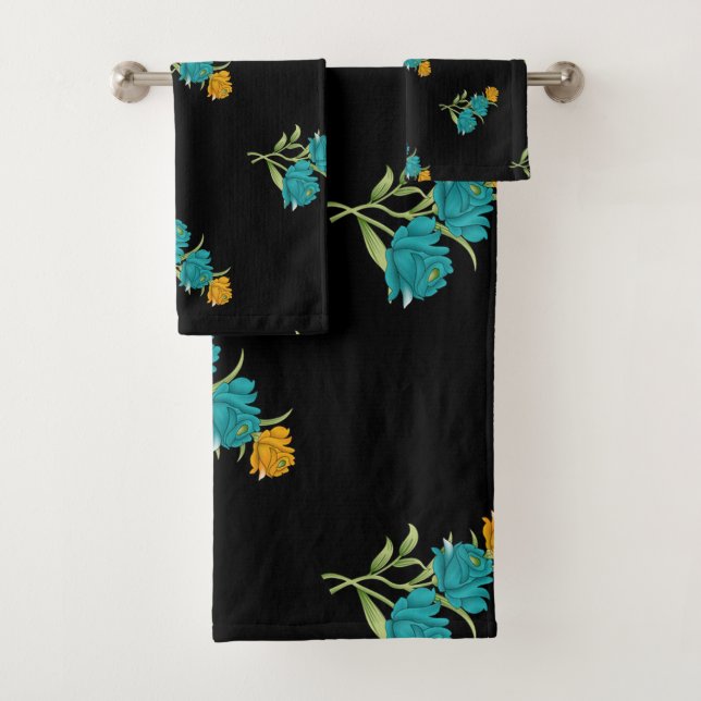 Floral Pattern Turquoise Coral Green on Black  Bath Towel Set (Insitu)