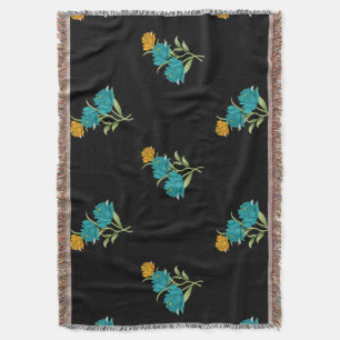 Floral Pattern Turquoise Coral Green on Black  Throw Blanket